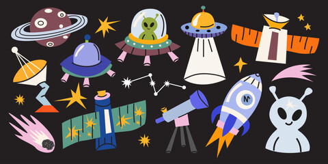 Collection of cartoon space stickers. Galactic elements, planet, rocket, alien, UFO, telescope, meteorite, satellite, stars. Space shapes in trendy doodle groovy style © luamor