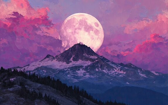 Full Moon Rising Over Majestic Snow-Capped Mountain Peak at Twilight with Vibrant Pink and Purple Sky.