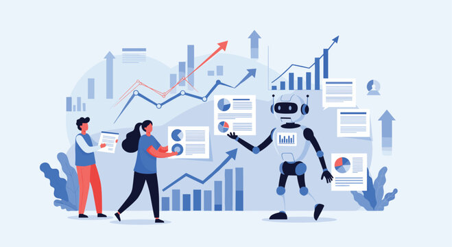 Humanoid robot collaborating with office workers to analyze complex data charts and financial graphs in a modern workspace.