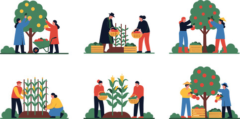 Fototapeta premium Farmers Harvesting Fruits and Vegetables in Various Poses for Agriculture, Gardening, and Seasonal Themes