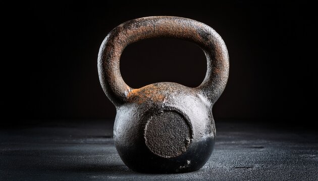 cast iron kettlebell handle up on solid gym black background chip paint free rust hint