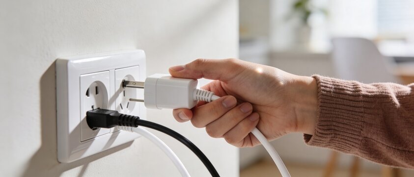 Hand plugging a white power adapter into a wall outlet in a bright modern home interior.