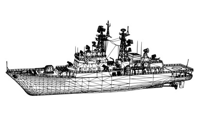 Wireframe polygonal naval warship vector with 3D mesh structure engineering design © MSTSUFIA