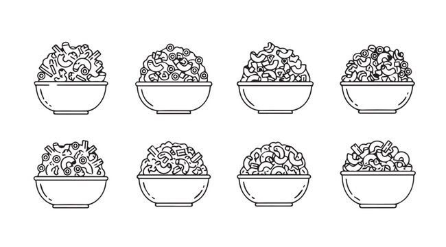 Macaroni pasta bowls in a simple line art style with clean white background for culinary design