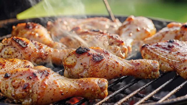 Delicious Chicken Drumsticks Grilling on an Outdoor Barbecue.