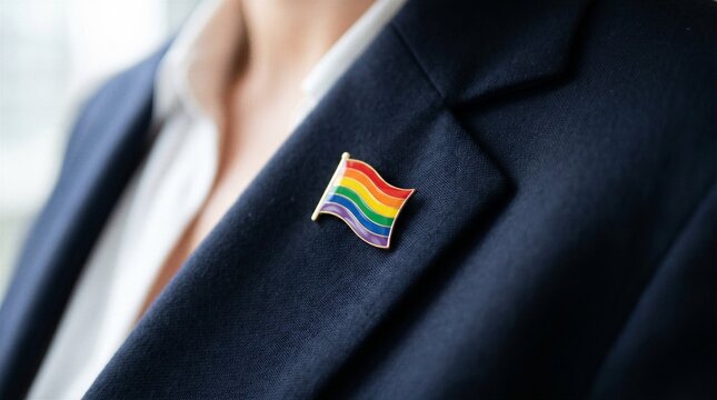 Close up of a business suit with rainbow pride flag lapel pin, lgbtq inclusion and diversity workplace concept.