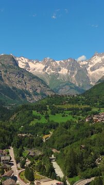 Dramatic vertical view of Dora Baltea river near Alps' White Mountain