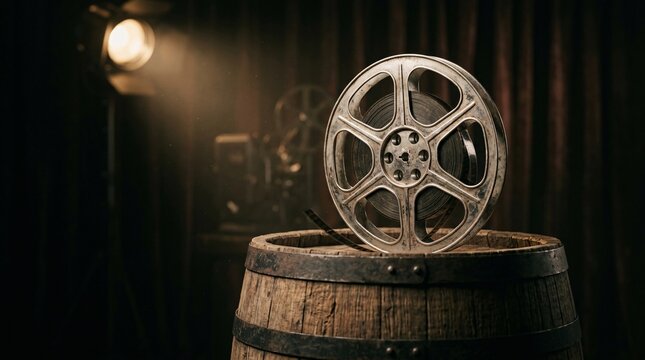 Vintage silver motion picture film reel resting elegantly on top of a rustic oak barrel in a moody dimly lit room with a warm spotlight.