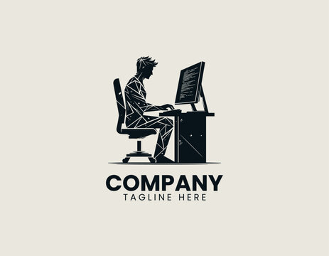 Programmer working on computer with code screen silhouette vector logo isolated on white background
