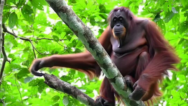 Orangutan Perched on Tree Branch in Rainforest Surrounded by Lush Green Foliage, Capturing Wildlife Behavior and Natural Habitat Exploration