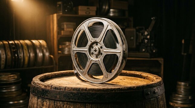 Vintage silver motion picture film reel resting elegantly on top of a rustic oak barrel in a moody dimly lit room with a warm spotlight.