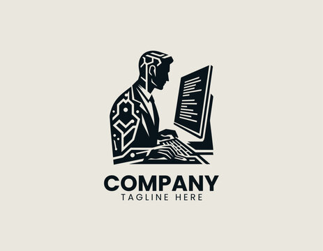 Programmer working on computer with code screen silhouette vector logo isolated on white background