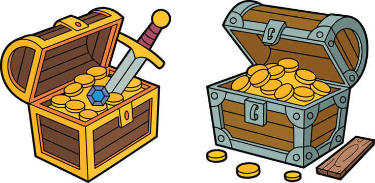 Illustration Set of Treasure Chests with Gold Coins and Sword for Pirate, Adventure, and Fantasy Themes