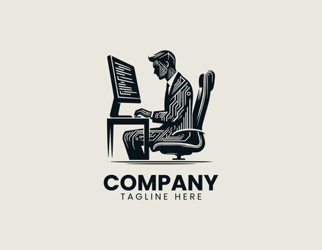 Programmer working on computer with code screen silhouette vector logo isolated on white background
