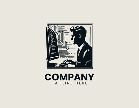 Programmer working on computer with code screen silhouette vector logo isolated on white background