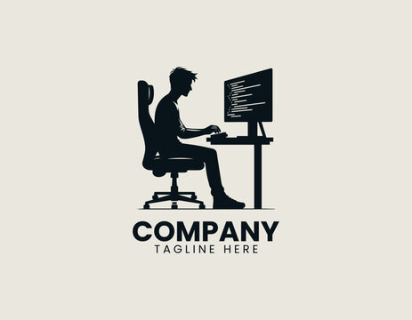 Programmer working on computer with code screen silhouette vector logo isolated on white background