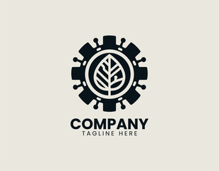 Fototapeta premium Eco technology leaf with gear and circuit vector logo isolated on white background