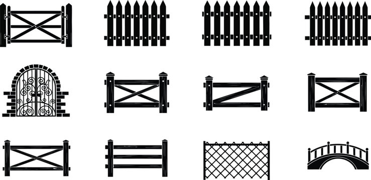Set of black fence and gate silhouette icons featuring picket fences farm gates ornate iron entrance and garden bridge vector