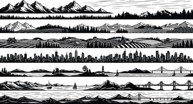 Set of landscape border silhouettes featuring mountains city skylines rural farms and coastal bridges for graphic design dividers vector illustration