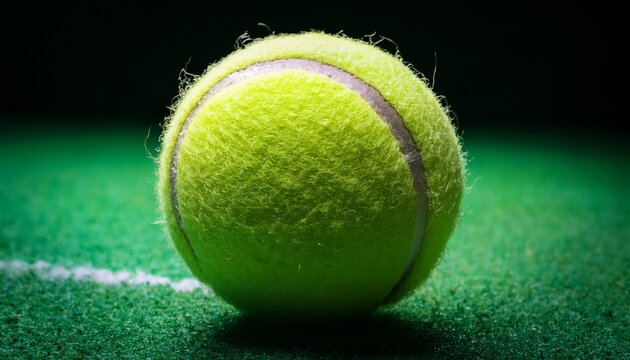 single tennis ball pressure seam out on solid court green background felt fuzz wear ball band