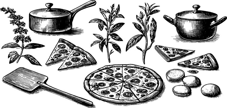 Assorted pizza slices and cooking utensils on white surface