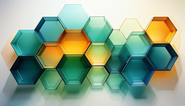 translucent hexagons overlap in gradient tones of emerald green navy blue and amber on a white background showcasing a geometric abstraction with a modern look