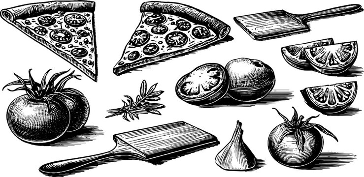 Pizza slices and fresh tomatoes arranged with cutting boards