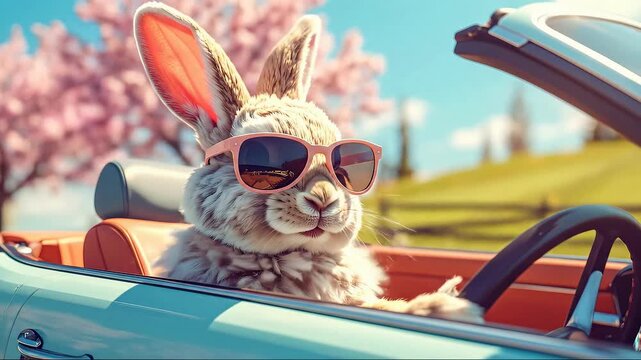 Cute fluffy Easter bunny in sunglasses driving a retro convertible car through sunny spring landscape with cherry blossoms, symbolizing freedom, joyful travel, and creative funny holiday trips