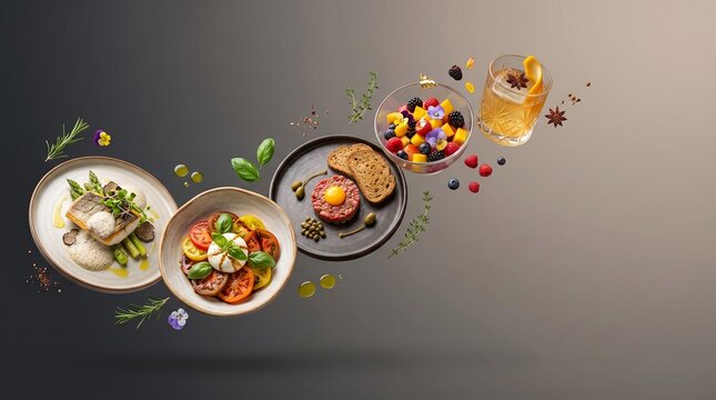 A dynamic floating arrangement of dishes with soft glow and strong visual impact for advertising layouts.