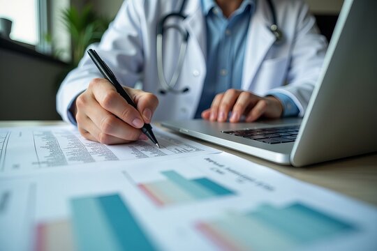 Professional Medical Coder in Modern Office Setting Working on Billing Codes Spreadsheet on Laptop with Close-Up Shot.