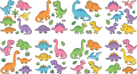 Set of Colorful Cartoon Dinosaurs in Various Poses and Species for Kids Illustrations and Educational Themes © MdMehedi
