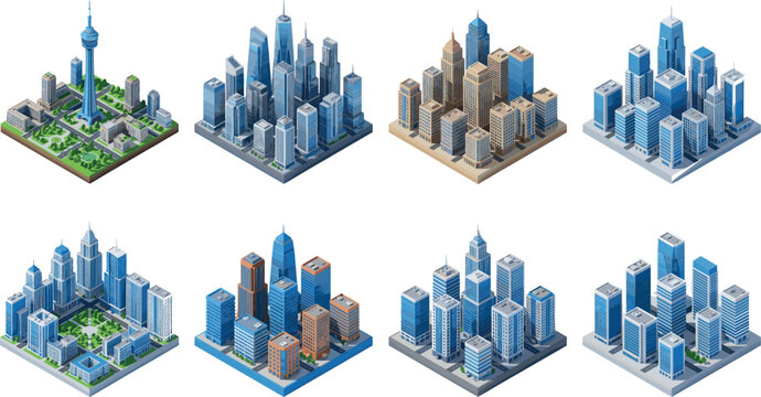 Isometric Cityscape Illustrations Featuring Skyscrapers, Urban Buildings, and Modern Architecture for City and Urban Design