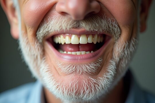 Elderly man with missing tooth smiling in close-up shot