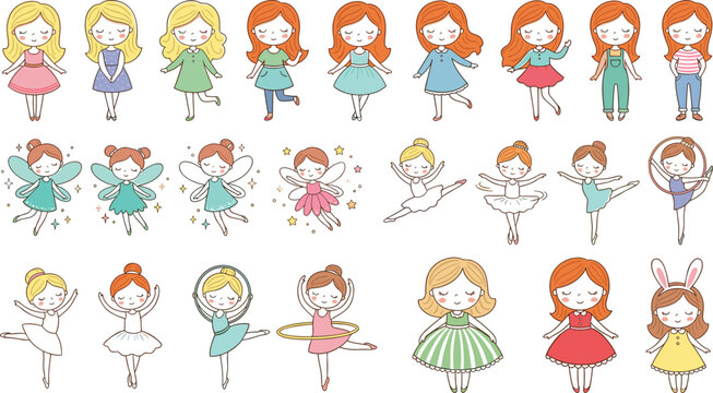 Cute Little Girl Character Set Featuring Dresses, Fairy Wings and Ballet Poses in Sweet Cartoon Style for Kids Illustration, Stickers and Children Design