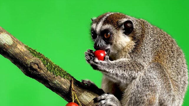 Playful Monkey Interacting With Red Fruits on a Branch Against a Green Screen Background, Vivid Animal Behavior in Close-Up