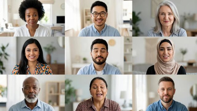 Diverse multiracial business team smiling on virtual meeting grid screen, symbolizing remote work, global telecommuting, corporate communication and digital workforce collaboration