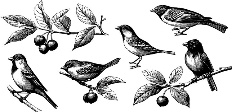 Multiple small birds roosting on twigs with cherries and foliage