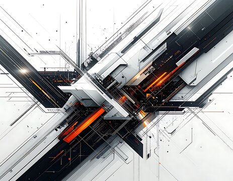 Geometric composition with angled lines and shapes in grayscale, orange, and black on a white background, creating depth