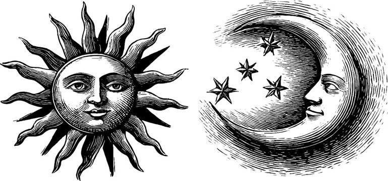 Sun face paired with crescent moon and stars in engraving