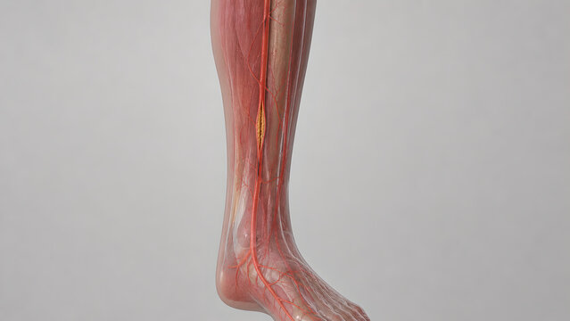 Peripheral arterial disease leg artery stenosis plaque narrowing reduced distal flow medical 3D render realistic vascular anatomy lower limb atherosclerosis soft tissue clinical image