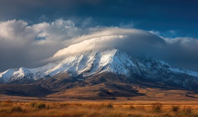 Fototapeta premium Majestic Snow Capped Mountain Peak Under Dramatic Cloudy Sky.