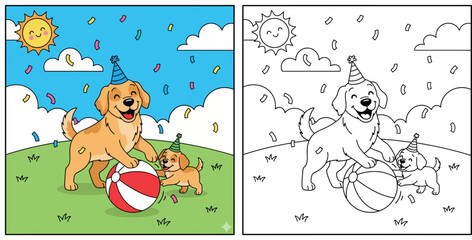 Naklejka premium Happy Cartoon Golden Retriever and Puppy Celebrating with Beach Ball and Confetti