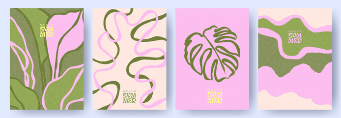 Obraz premium Abstract summer tropical covers with botanical leaves and organic shapes in pink and green. Design templates for posters, branding, social media, packaging, labels, and seasonal campaigns.