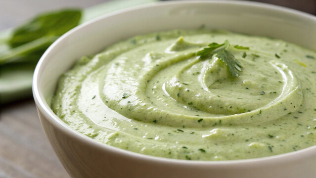 Photorealistic closeup green goddess dressing showing creamy herb speckled texture and glossy swirl under soft directional lighting