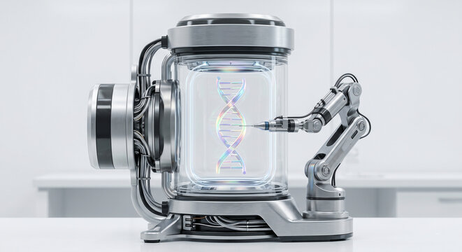 Gene editing chamber with double helix dna hologram and robotic needle performing precise manipulation.