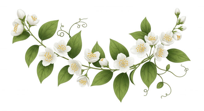 A horizontal floral arrangement of white jasmine flowers with green leaves and curling vines isolated on a solid black background
