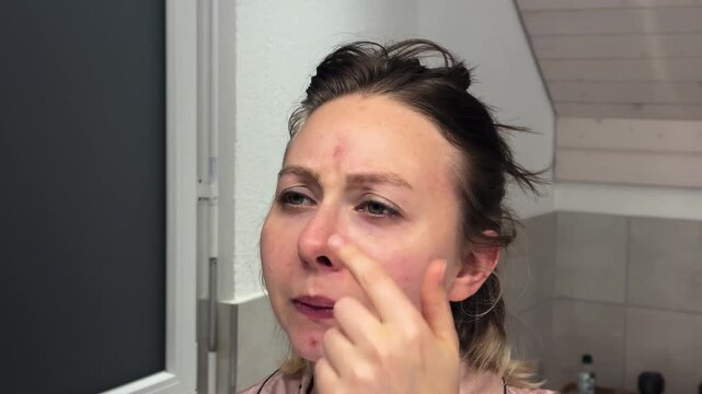 Woman looking at her face in the mirror and feeling disappointed about acne and skin imperfections. Ideal for skincare, beauty concerns, and dermatology concepts.