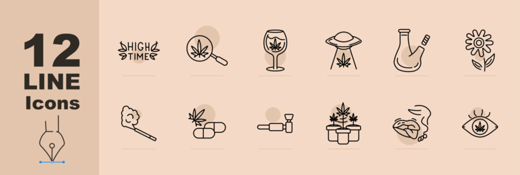 Cannabis product set icon. Line icons with text label, leaf magnifier, wine glass leaf, hat leaf, bong pipe, flower plant, joint smoke, capsules, pipe device, potted plant, food edible, eye symbol.