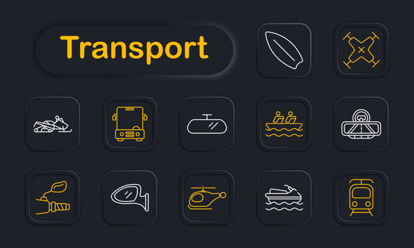 Transport set icon. Airplane crash scene, bus front view, rearview mirror, boat with passengers, radar screen, electric scooter, side mirror, helicopter, jet ski, subway train symbols