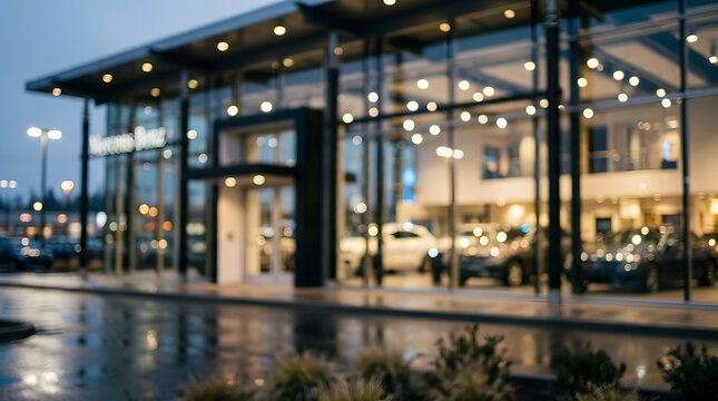 Defocused car dealership facade with soft bokeh reflections